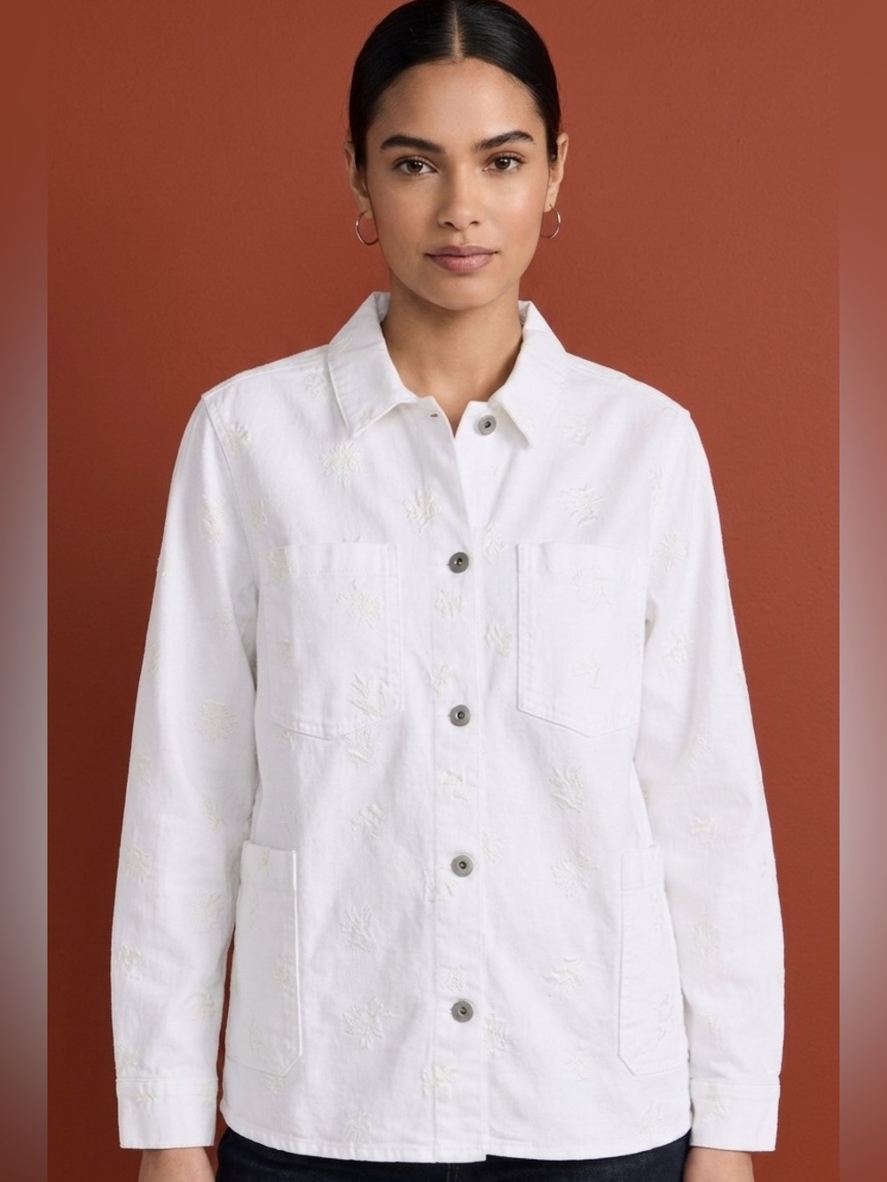 J. Jill White Embroidered Button-Front Utility Jacket 100% Cotton